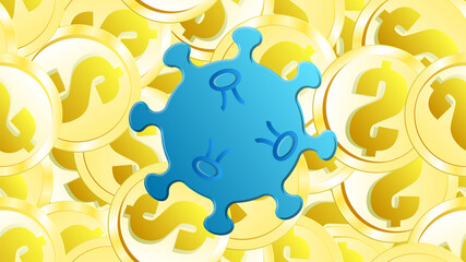 Blue virus dangerous deadly epidemic pandemic of the microbe coronavirus covid-19 against a background of gold dollar coins. illustration