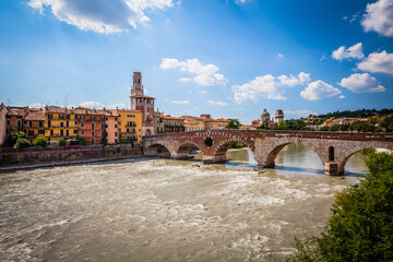 Ponte Pietra bridge over the Adige river in Verona, Italy