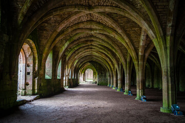 Fototapeta na wymiar Basement vaults of Fountains Abbey, old monastery in North Yorkshire, United Kingdom