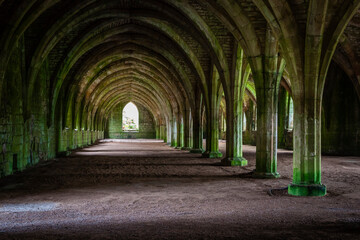 Basement vaults of Fountains Abbey, old monastery in North Yorkshire, United Kingdom