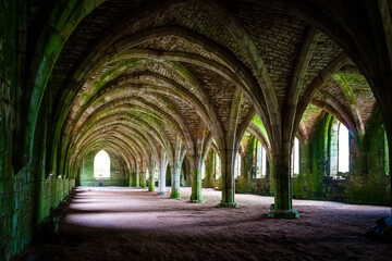 Fototapeta na wymiar Basement vaults of Fountains Abbey, old monastery in North Yorkshire, United Kingdom