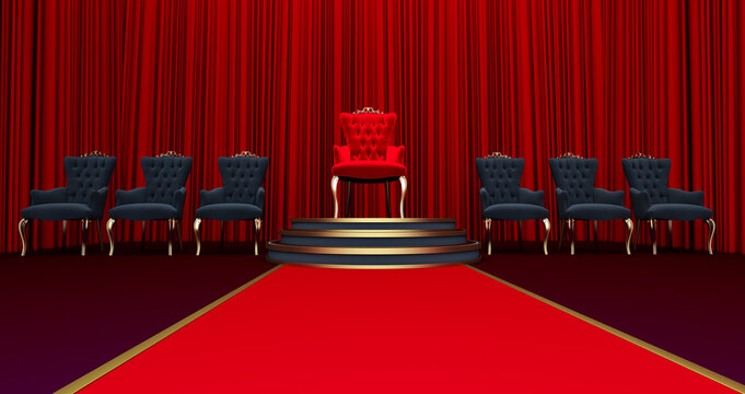 3D render of Red royal chair. Red carpet leading to the luxurious throne, Place for the king. Royal throne, vip concept