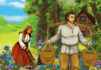cartoon scene with farm woman and man in the forest village illustration