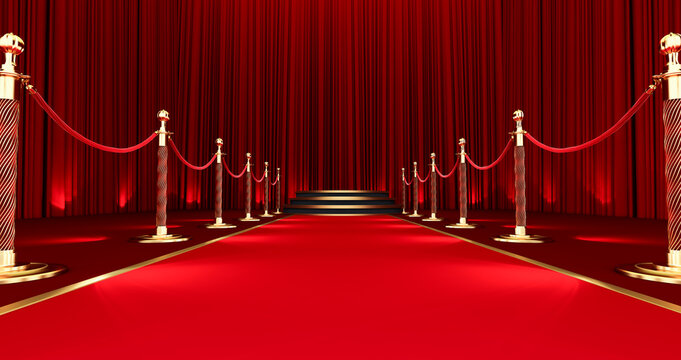 3D render of Long red carpet between rope barriers, Realistic red carpet and pedestal.