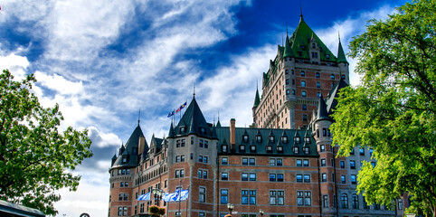 Amazing view of Chateau Frontenac in Quebec City, Canada. Majestic facade on a beautiful summer day
