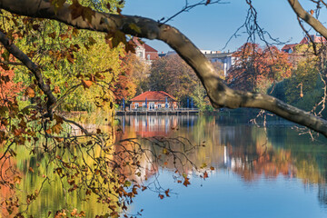 Park Lietzensee and building of the Bootshaus Stella on the shore of Lake Lietzen in Berlin, Germany