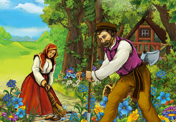 Obraz na płótnie Canvas cartoon scene with farm woman and man in the forest village illustration