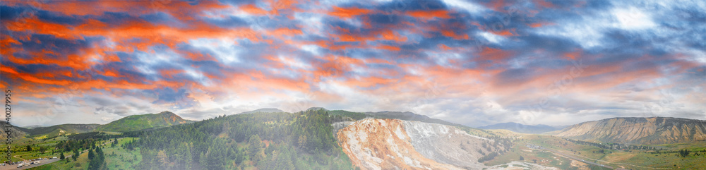 Poster drone aerial view of canary spring and terraces in the mammoth hot spring area of yellowstone nation