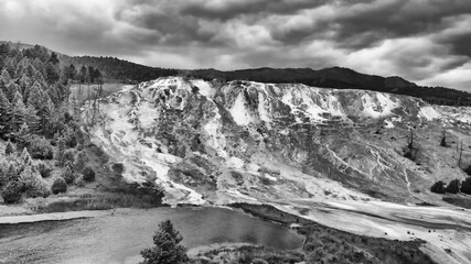 Fototapeta premium Mammoth Hot Springs, Yellowstone National Park. Aerial view from drone viewpoint