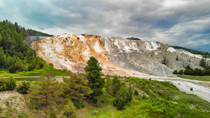 Mammoth Hot Springs, Yellowstone National Park. Aerial view from drone viewpoint