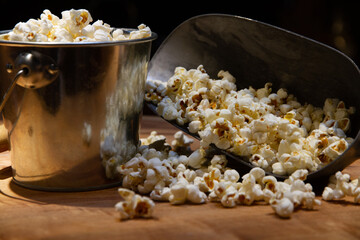 bucket of popcorn on the kitchen bench, ready to be eaten