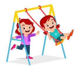 happy cute little kid boy and girl play swing