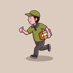 cute delivery man holding box by running fast
