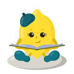 Cute kawaii lemon with beret reading book in doodle style with shadows. Isolated colored funny fruit cartoon vector illustration	