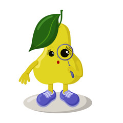 Cute surprised kawaii pear with magnifying glass and sneakers. Colored isolated vector illustration in flat design with shadows	