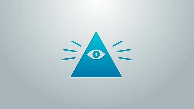 Blue line Masons symbol All-seeing eye of God icon isolated on grey background. The eye of Providence in the triangle. 4K Video motion graphic animation