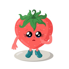 Cute sad strawberry in high heels with big eyes and tears. Colorful kawaii fruit emoticon with pitying look. Isolated vector illustration.	