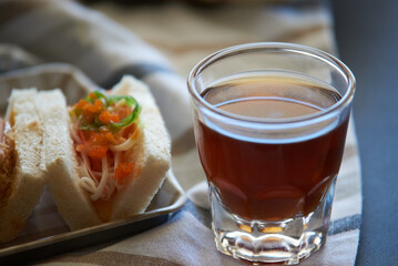 Seafood salad bread with a cup of coffee