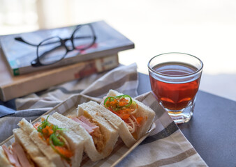 Seafood salad bread with a cup of coffee
