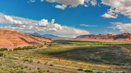 Aerial view of Colorado river and mountains near Moab, Utah