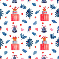 Christmas seamless pattern with hand drawn watercolor illustration: Christmas tree, gifts, bell, bullfinch, holly leaves and berries