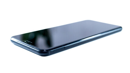 Black mobile phone isolated on white background. Black handy on white background. Self phone in black color, isolated on white. Black smartphone isolated on white.