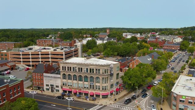 Dover downtown Central Avenue aerial view from City Hall north to Main Street and across Cocheco River, Dover, New Hampshire NH, USA. 