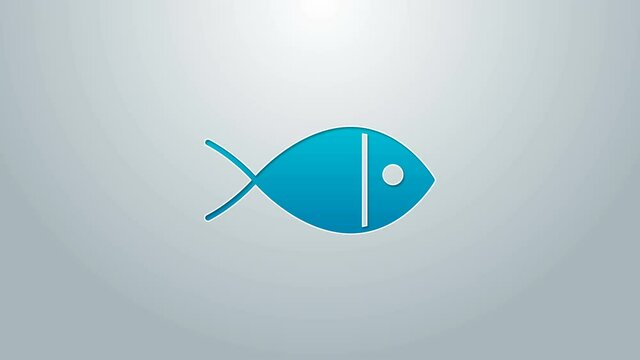 Blue line Christian fish symbol icon isolated on grey background. Jesus fish symbol. 4K Video motion graphic animation