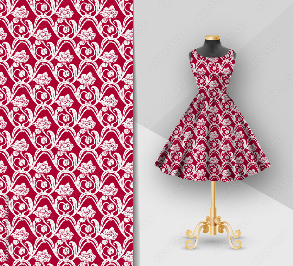 Wall mural Fashion red fabric printed dress on a black mannequin. Dress clothes realistic 3d mockup. Seamless crimson Flower pattern in ethnic painting style.