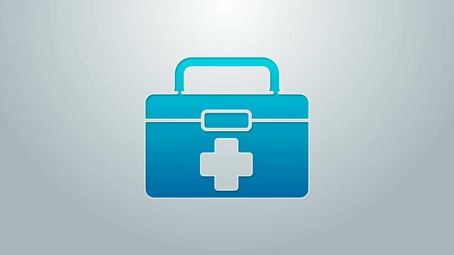 Blue line First aid kit icon isolated on grey background. Medical box with cross. Medical equipment for emergency. Healthcare concept. 4K Video motion graphic animation