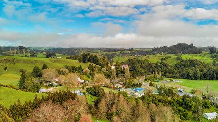 Waitomo countryside and hills in spring season, aerial view of New Zealand