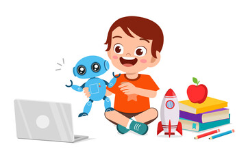 happy cute little kid boy play computer and robot