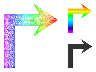 Rainbow vibrant wire frame turn right, and solid rainbow gradient turn right icon. Crossed frame flat network geometric symbol based on turn right icon, is made with crossed lines.