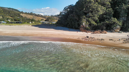 Hot Water Beachi n the east coast of the Coromandel Peninsula, New Zealand. Drone aerial view