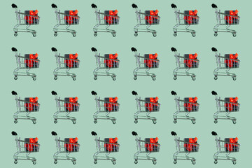 Shopping cart with black gift box pattern. Seasonal sale. Holiday discount