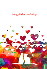 Obraz premium The background is red with hearts. Happy Valentine's Day. Lovely cats. Mixed media. Vector illustration