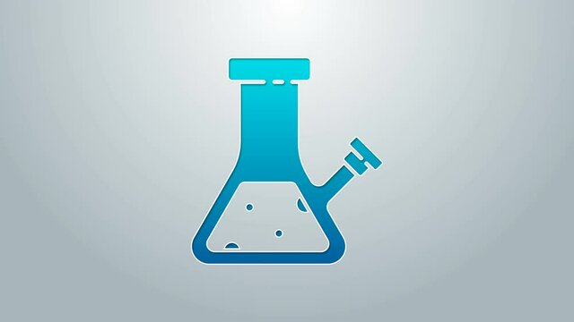 Blue line Glass bong for smoking marijuana or cannabis icon isolated on grey background. 4K Video motion graphic animation