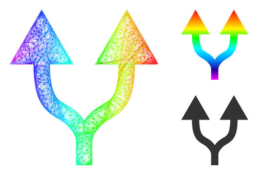 Rainbow vibrant wire frame split arrows up, and solid rainbow gradient split arrows up icon. Wire frame 2D network abstract image based on split arrows up icon, is created from crossed lines.