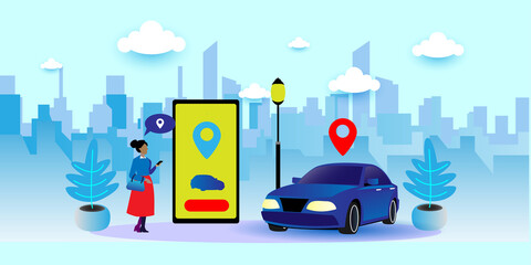 	Vector illustration of autonomous online car sharing service controlled via smartphone app.I solated connected vehicle remote parking.