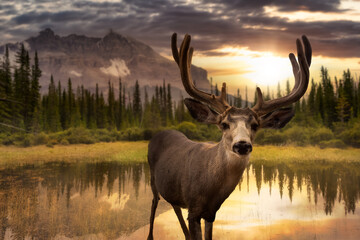 A male Deer in Canadian Nature composite. Beautiful landscape view of a Lake in Banff National Park, Alberta, Canada. Dramatic Colorful Sunrise Sky.