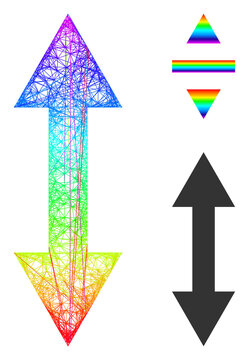 Spectrum colored wire frame vertical flip, and solid spectrum gradient vertical flip icon. Hatched frame 2D network abstract image based on vertical flip icon, is created with intersected lines.