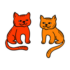 Two cats orange and yellow. Hand draw with brush and ink. Cute doodle funny characters for design – cards, advertising, web. Can be used for Valentine's day. Vector illustration