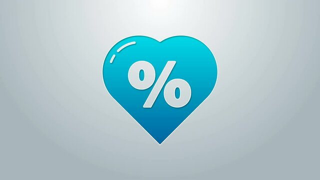 Blue line Discount percent tag in heart icon isolated on grey background. Shopping tag sign. Special offer sign. Discount coupons symbol. 4K Video motion graphic animation