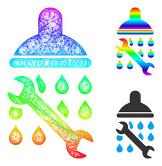 Rainbow colored crossing mesh shower plumbing, and solid rainbow gradient shower plumbing icon. Hatched carcass 2D network abstract symbol based on shower plumbing icon,