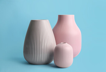 Stylish empty ceramic vases on light blue background