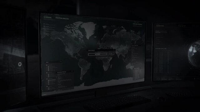 A secret mission in progress. Loading the interface for world scanning software. Adding new search request. Analyzing data. Settling on Near East. Surveillance. Computer screens. UI.