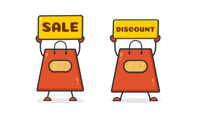 Set Cute shopping bag. Illustration vector graphic shop bag cartoon character  holding discount and sale banner. Perfect for Ecommerce, Symbol of promotion sale, store web element. 