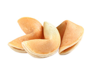 Tasty traditional fortune cookies on white background