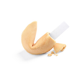 Cracked traditional fortune cookie with prediction on white background