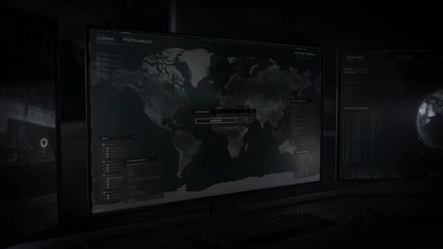 Authentication process. Password and login information required. Searching for a military object location in the world. Analyzing data. Near East. Secret protocol. Computer monitors.